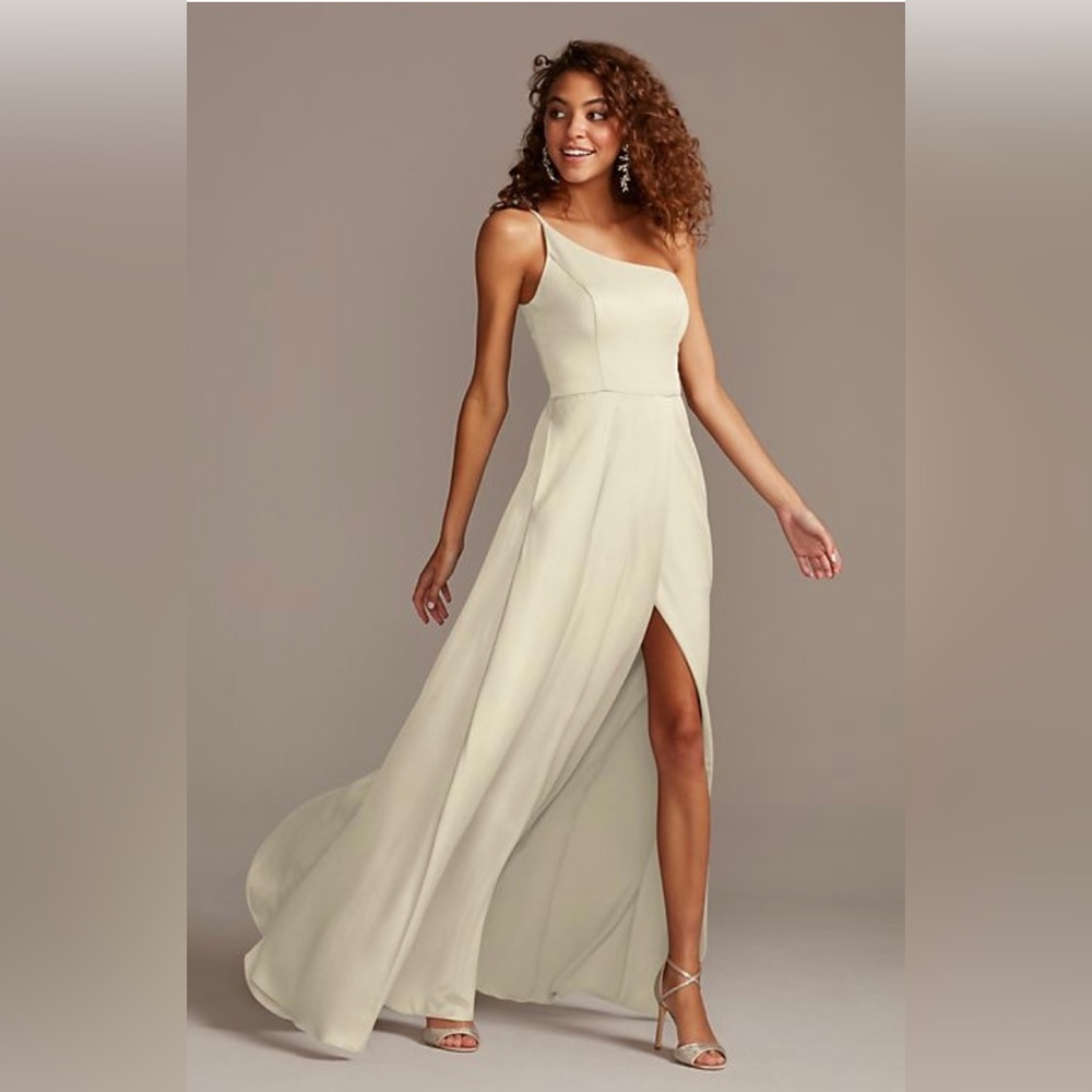 David’s Bridal One Shoulder Satin Champagne Bridesmaid Dress